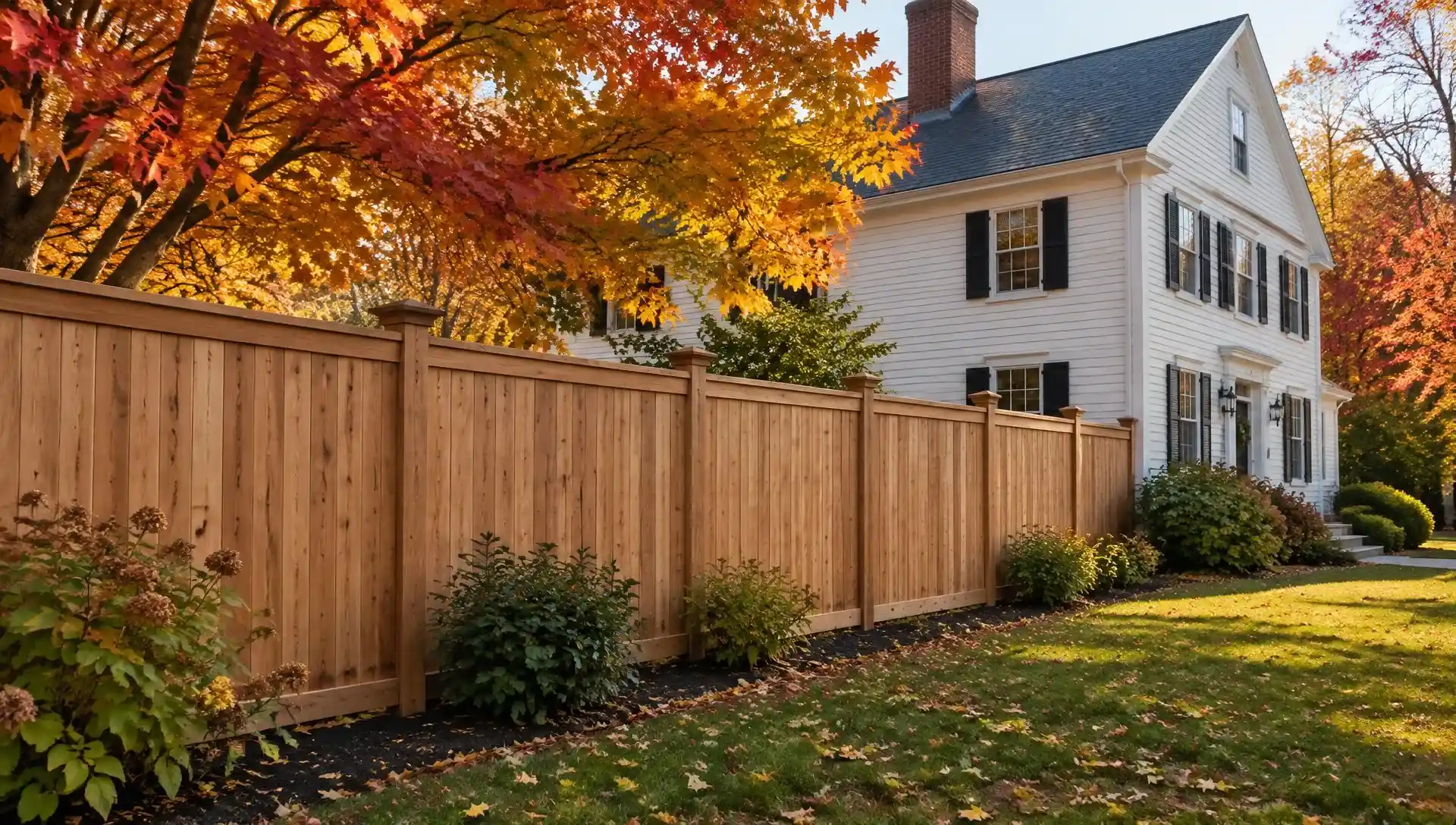 Cedar privacy fence installed beside a Colonial home in Watertown, MA in fall