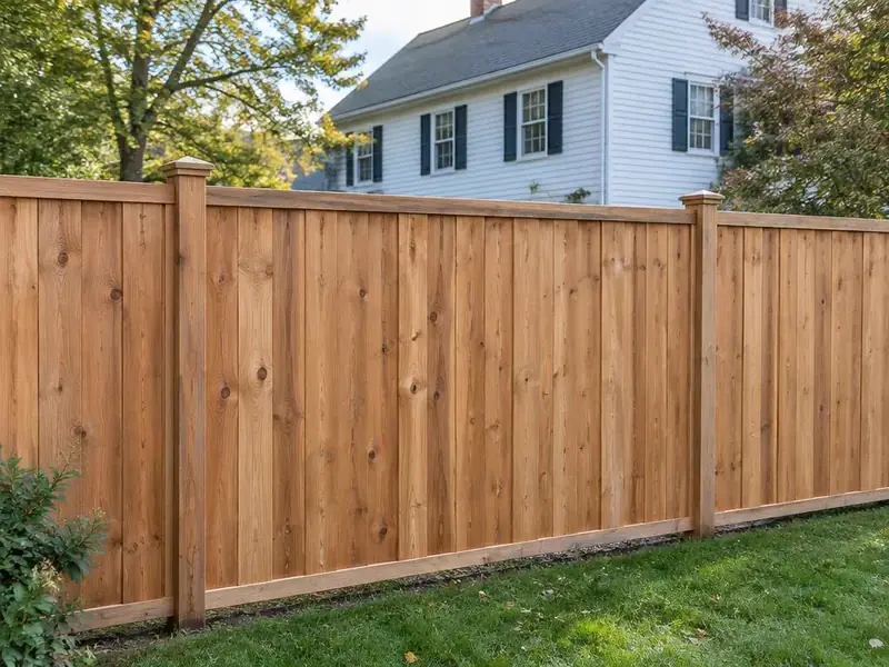 Cedar wood privacy fence in the backyard of a Colonial home in Massachusetts